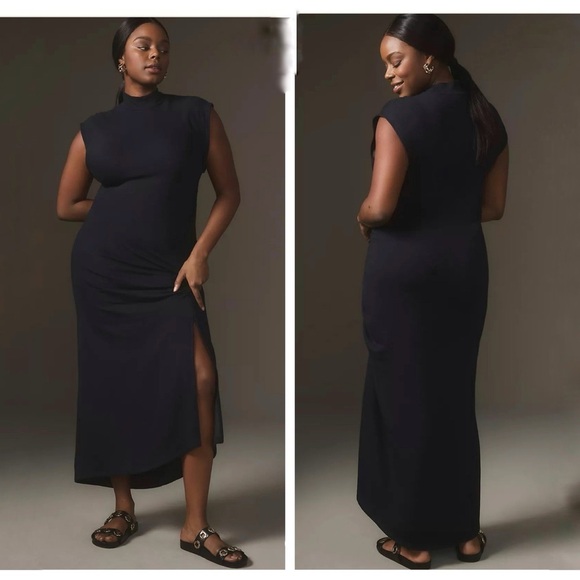 NWT Anthropologie Daily Practice Plus Mock-Neck Ruched Midi Dress 3X gray black - Picture 1 of 16